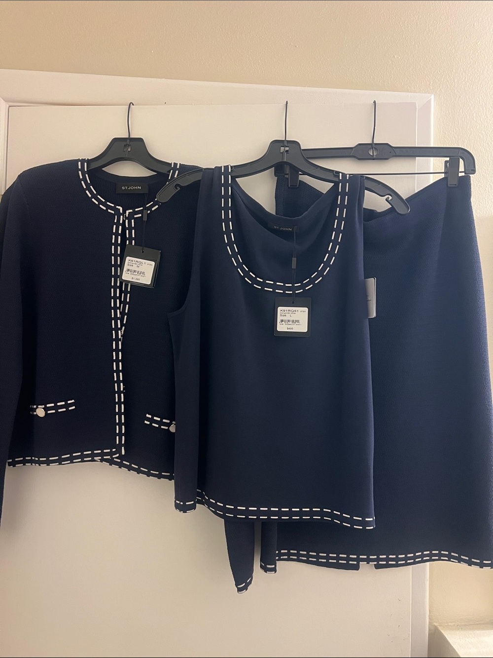 St. John Navy Three-Piece Knit Set with White Stitch Trim